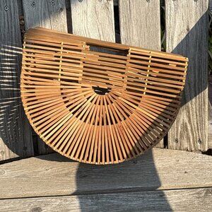 Bamboo Wood Basket Purse Tiki Hand Bag Half Moon Vtg 80s Natural Tote Cage